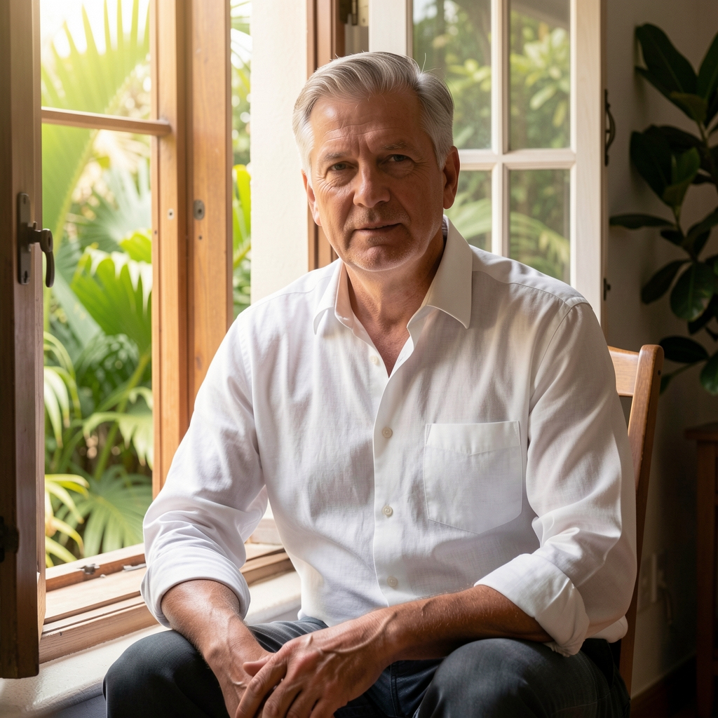 Mature man sitting upright near an open window with soft morning light and tropical greenery
