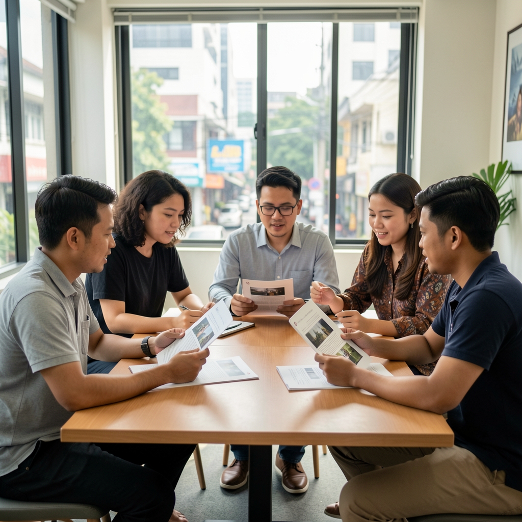 Small diverse editorial group discussing printed articles around a table in Jakarta