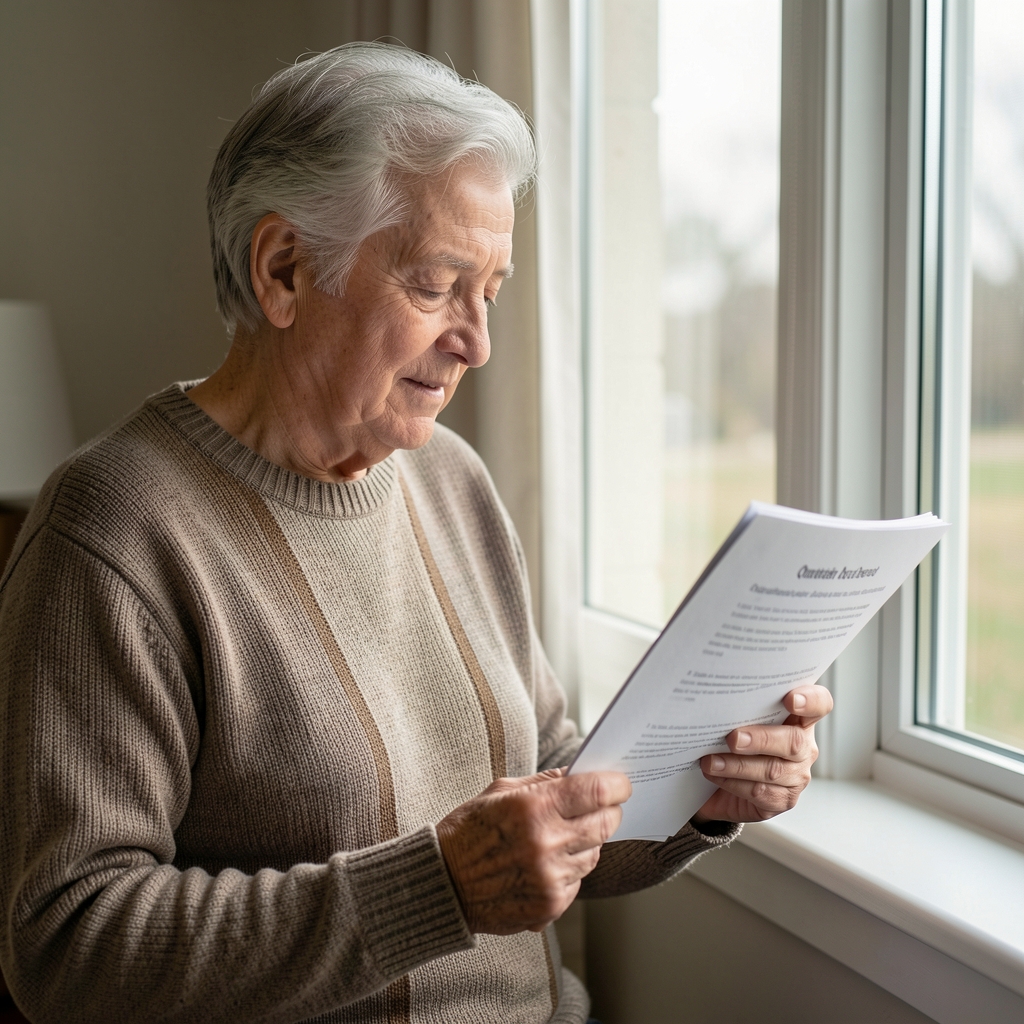Mature reader reviewing a printed question and answer guide beside a window