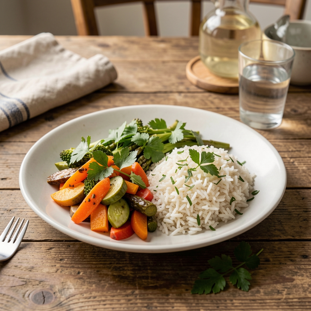 Colorful Indonesian-inspired meal with vegetables, rice, herbs, and water served on a natural table