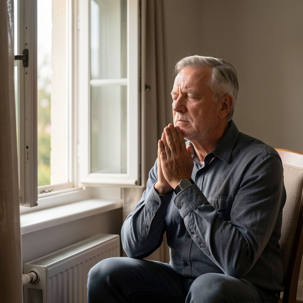 Mature man seated beside an open window practicing calm breathing in a softly lit room