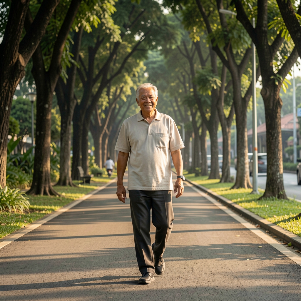 Older man walking along a tree-lined Jakarta path with relaxed posture and morning shadows