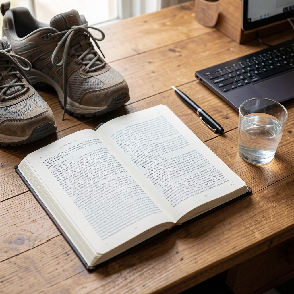 Open editorial notebook beside walking shoes and a glass of water on a wooden desk