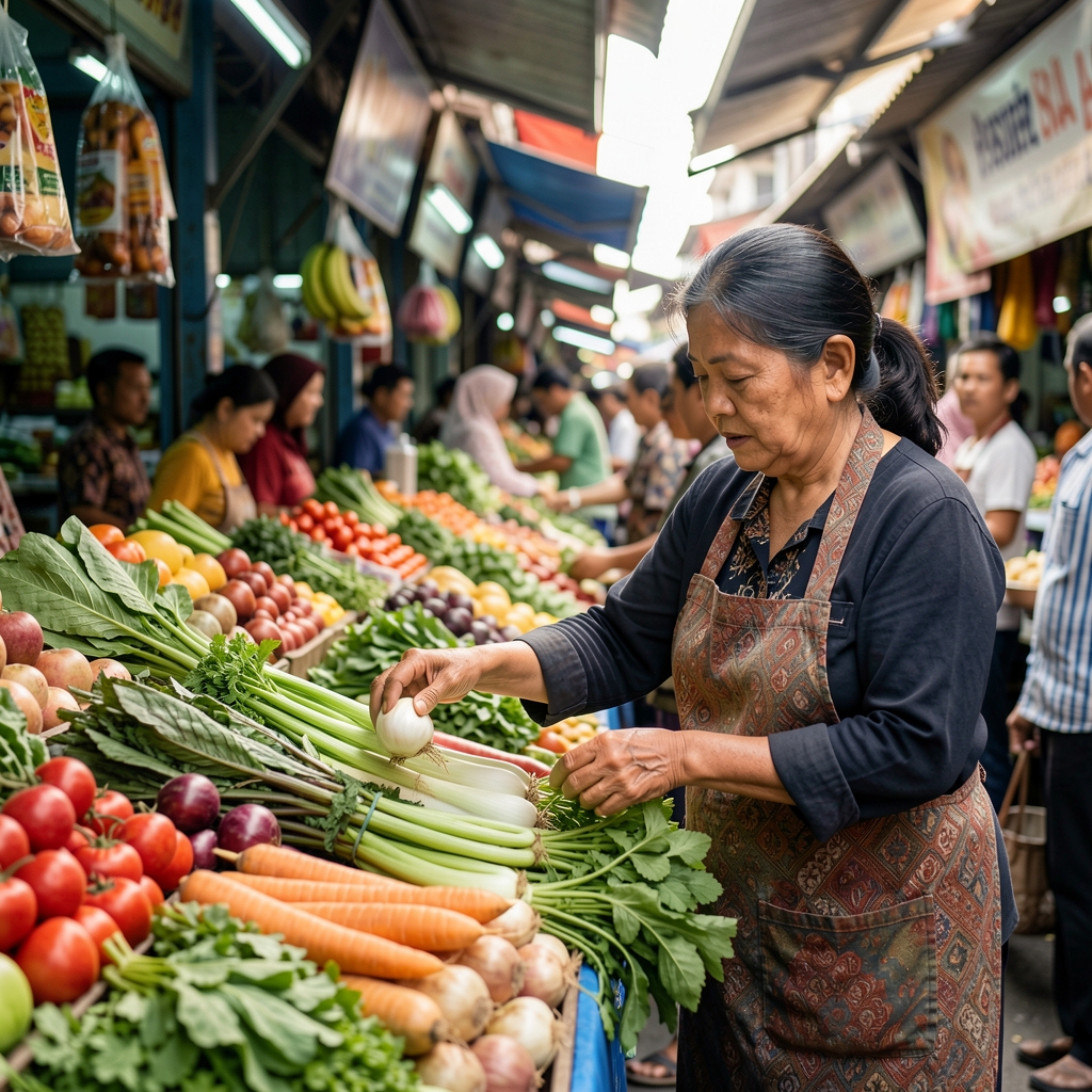Mature shopper selecting fresh vegetables and herbs at a lively Jakarta market