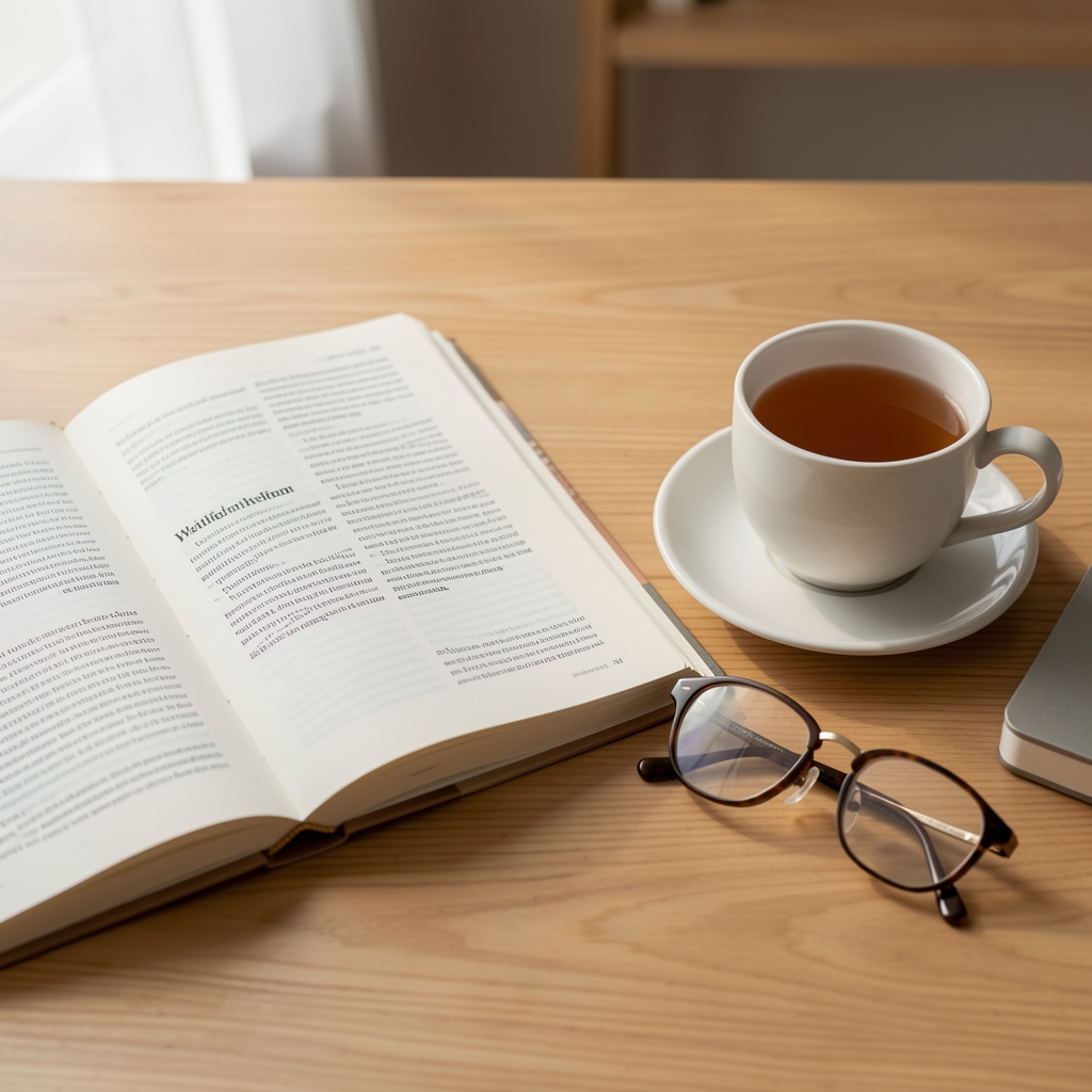 Open editorial notebook beside a cup of tea, reading glasses, and highlighted wellbeing research on a calm wooden desk