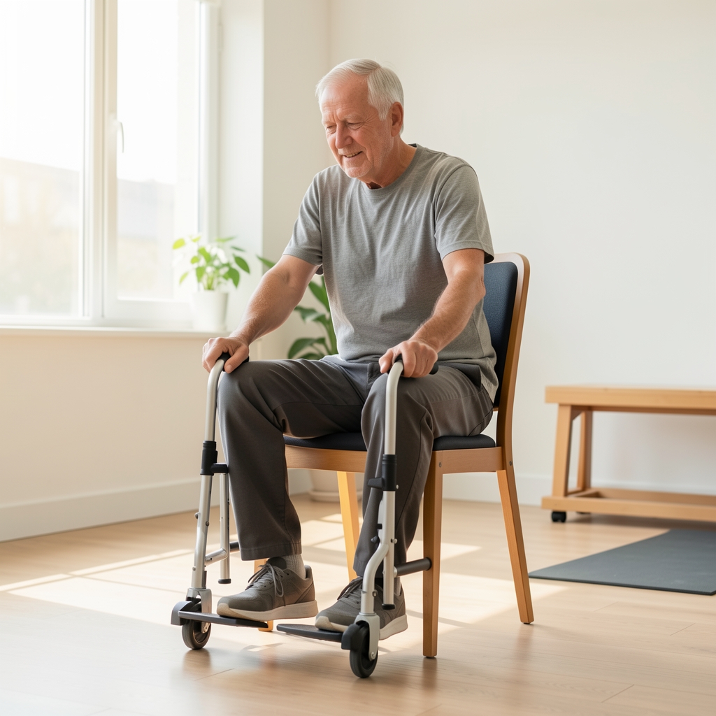 Older man using a sturdy chair for a controlled seated mobility exercise in a bright room