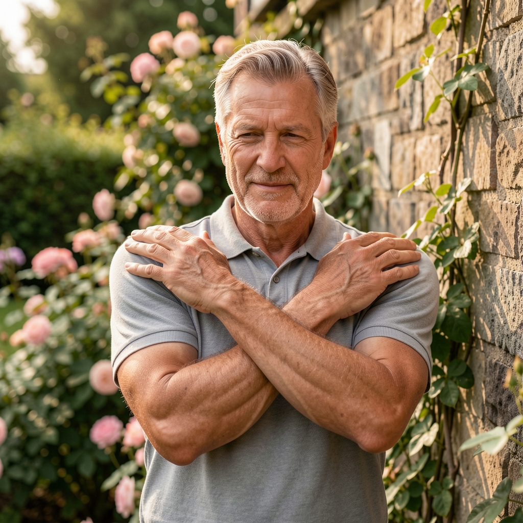 Mature man practicing gentle shoulder and arm mobility near a garden wall