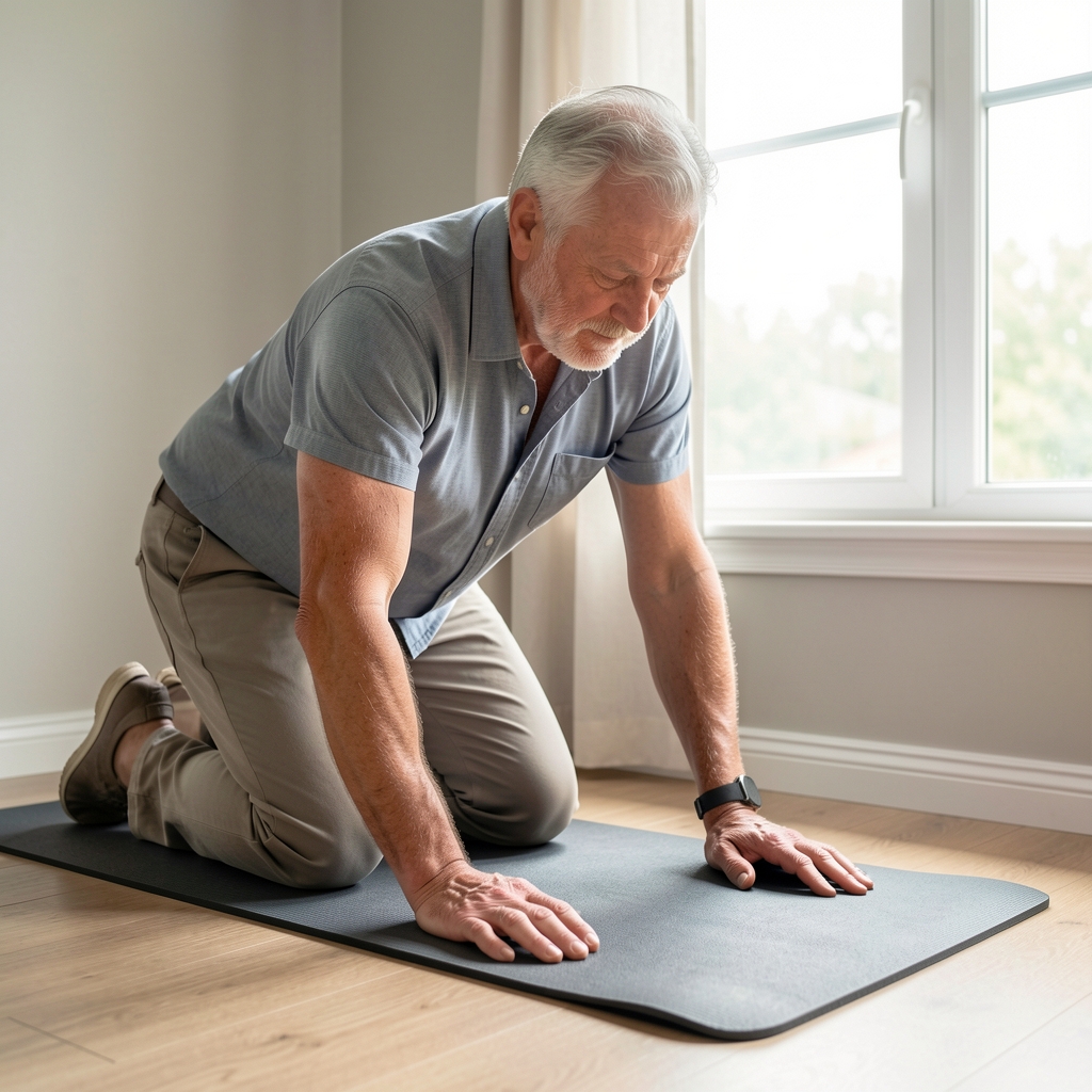 Man in his sixties using a mat for gentle floor mobility beside a bright window