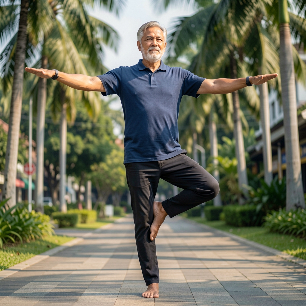Mature man performing a controlled standing balance exercise outdoors in Jakarta