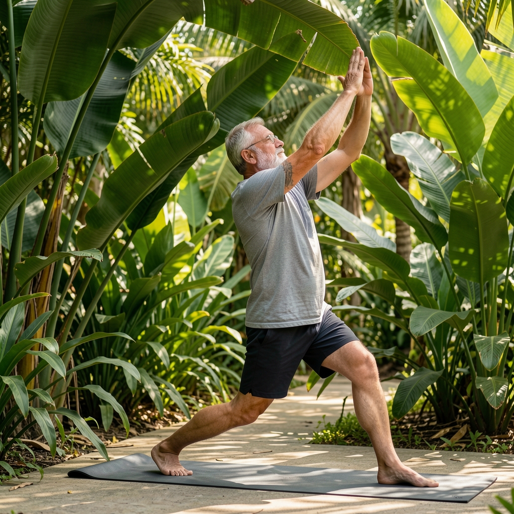 Mature man practicing controlled stretching near a shaded tropical garden with broad green leaves