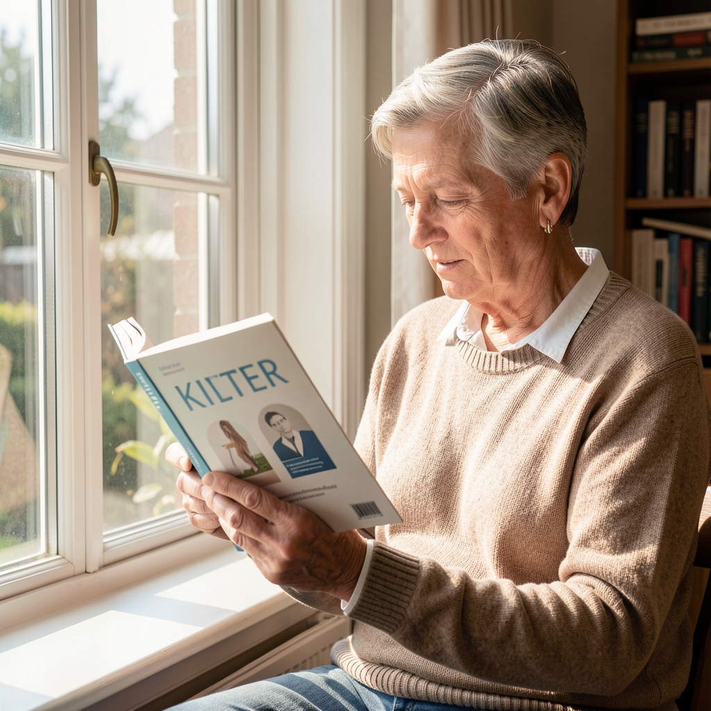 Mature reader reviewing a printed Kilter guide beside a sunny window