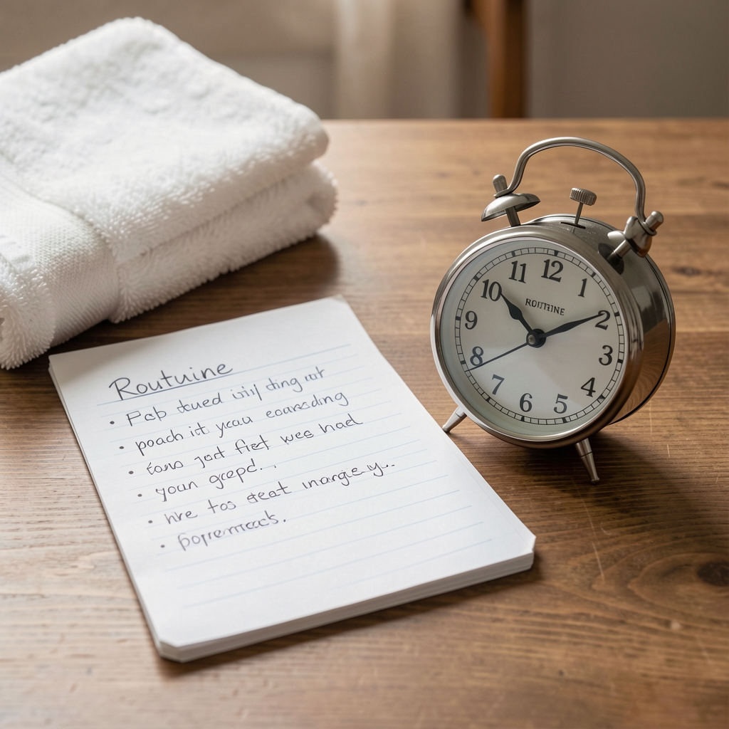 Handwritten routine notes beside a timer and folded towel on a table