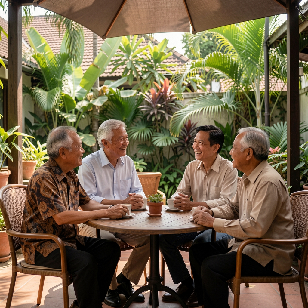 Friends in their sixties talking on a shaded Jakarta terrace