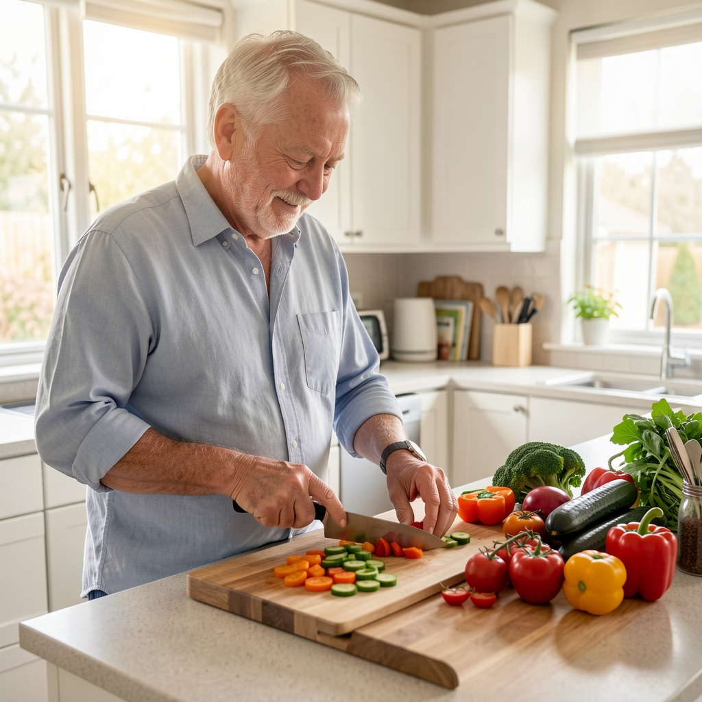 Older man preparing colorful vegetables in a bright home kitchen