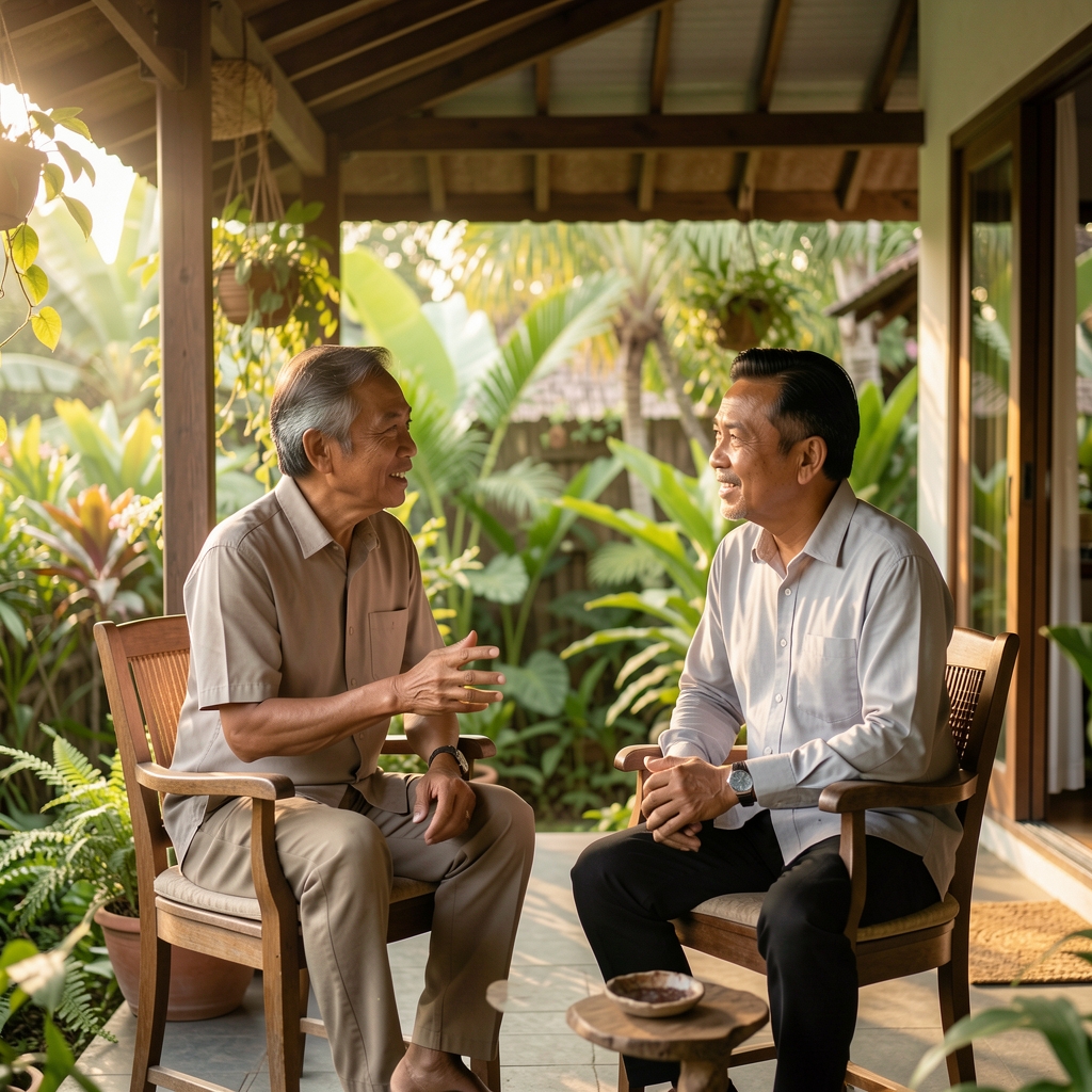 Two mature Indonesian men talking on a shaded veranda surrounded by plants and soft afternoon light