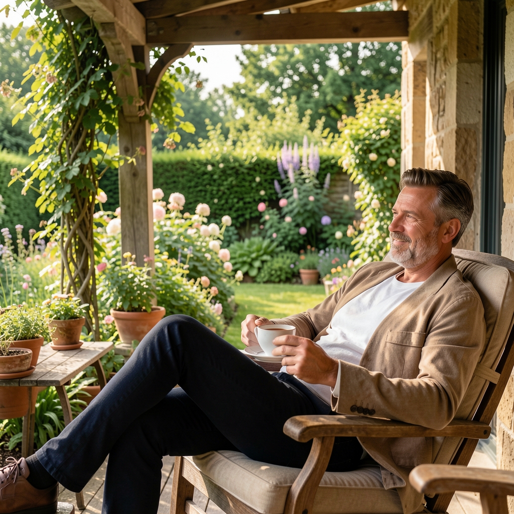 Mature Indonesian man relaxing on a shaded veranda with a cup of tea and garden view
